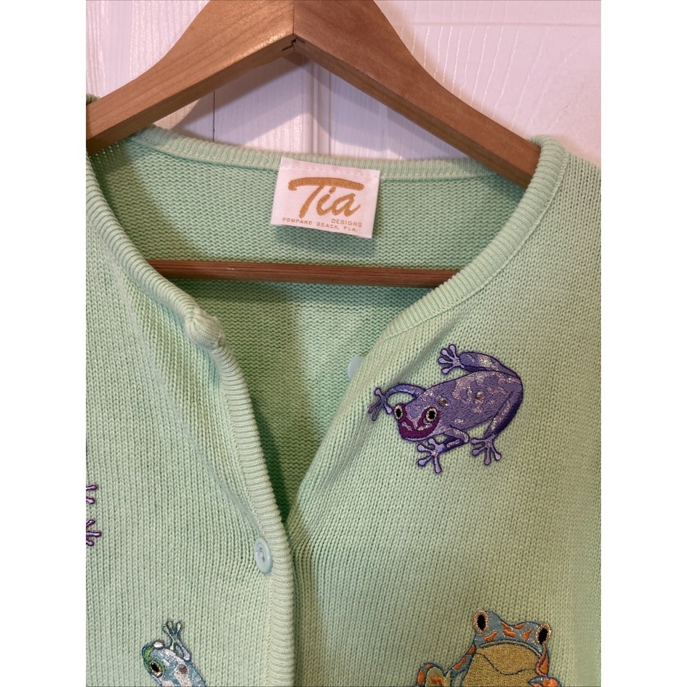 Vtg Tia Womens Grandma Cardigan Sweater Size L Frogs Mint Green Grannycore - Picture 3 of 8